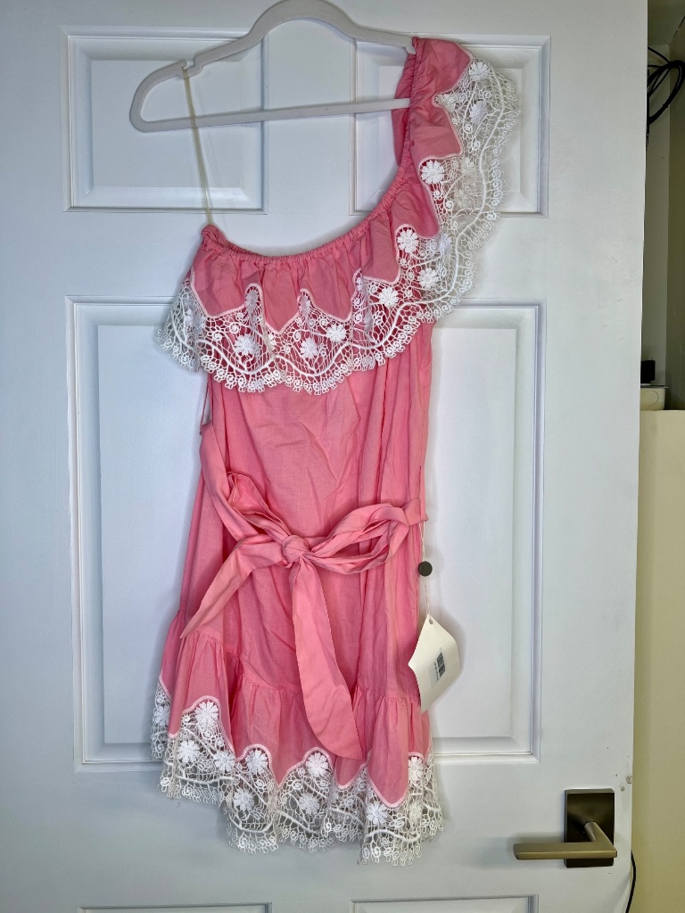 NEW with Tags Miguelina Pink One Shoulder Dress with White Lace Trim Size L